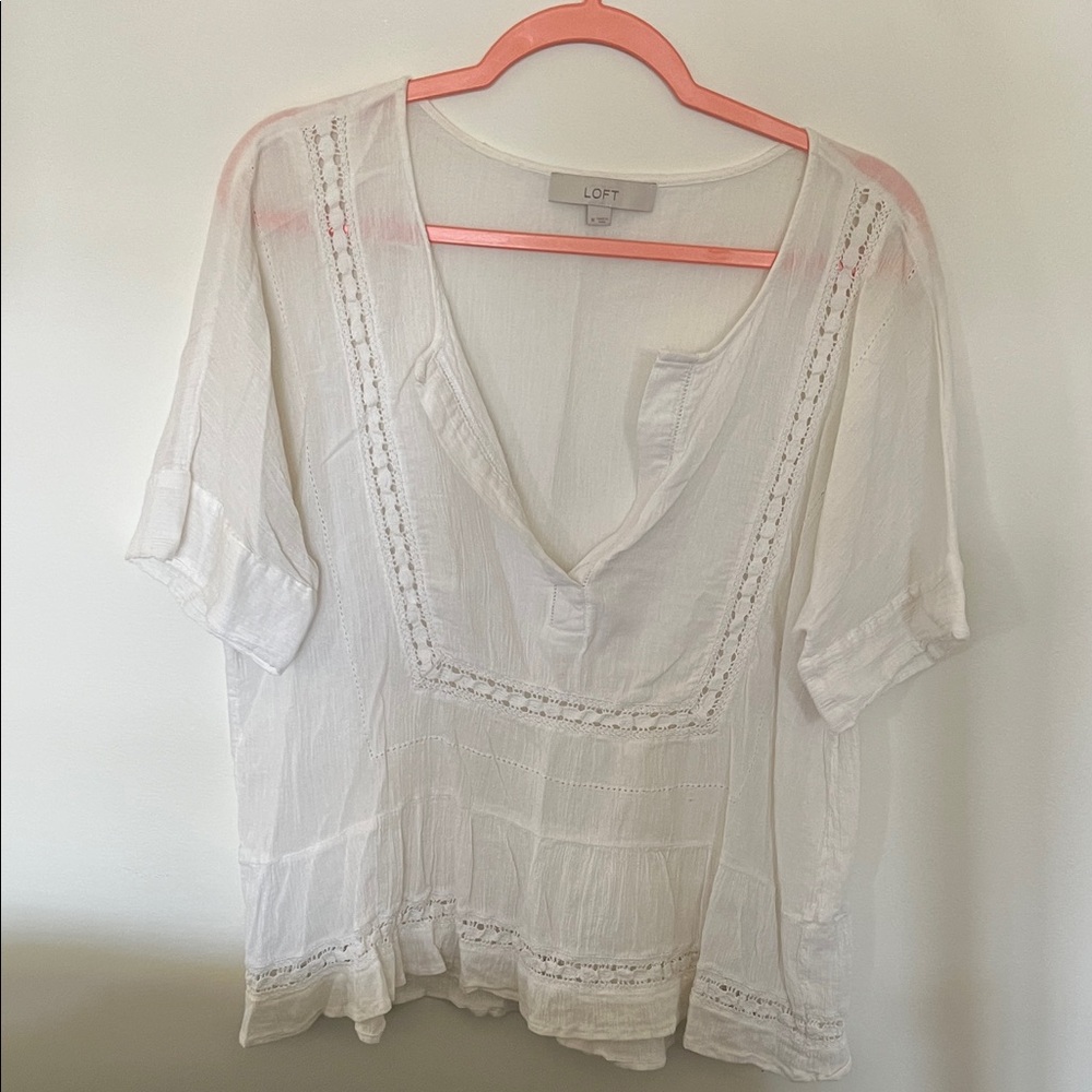 LOFT White Lace-Trim Gauzy Peasant Blouse